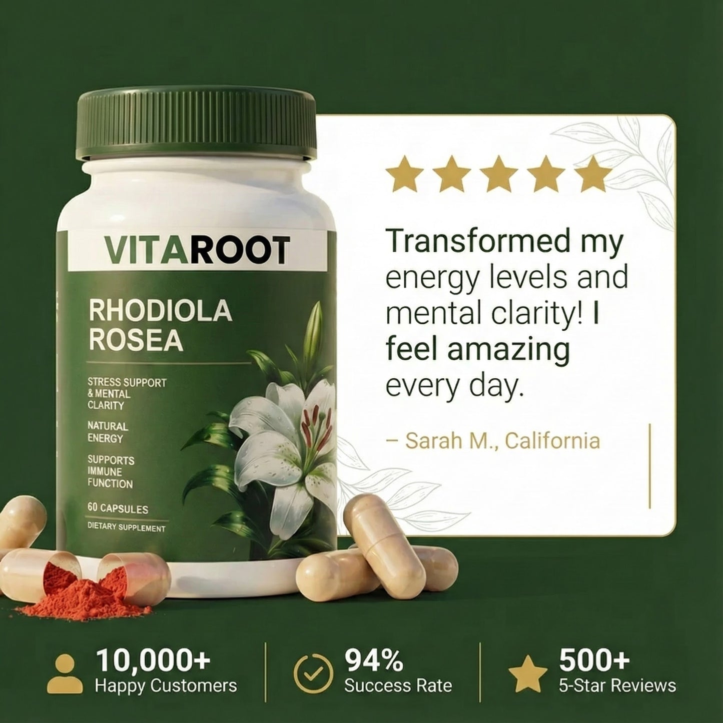 VitaRoots Rhodiola Capsules | Stress, Energy & Focus Support